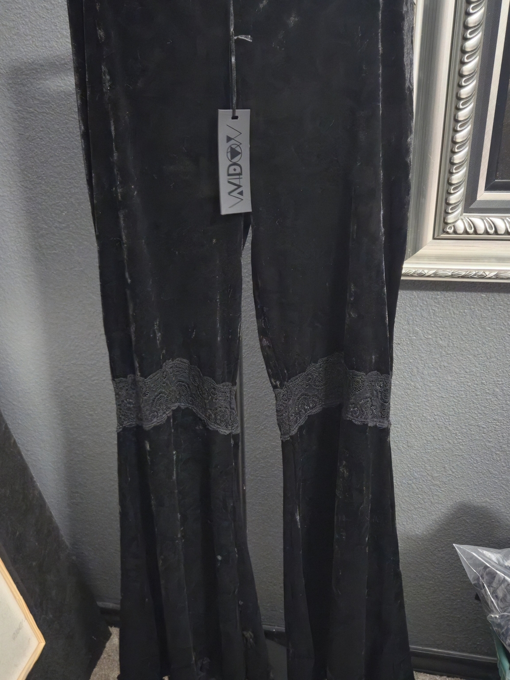 Widow XXL Black velvet flare pants with lace trim